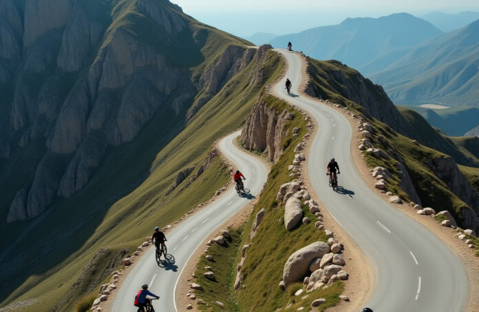 Cyclistes en train de monter une cote en montagne